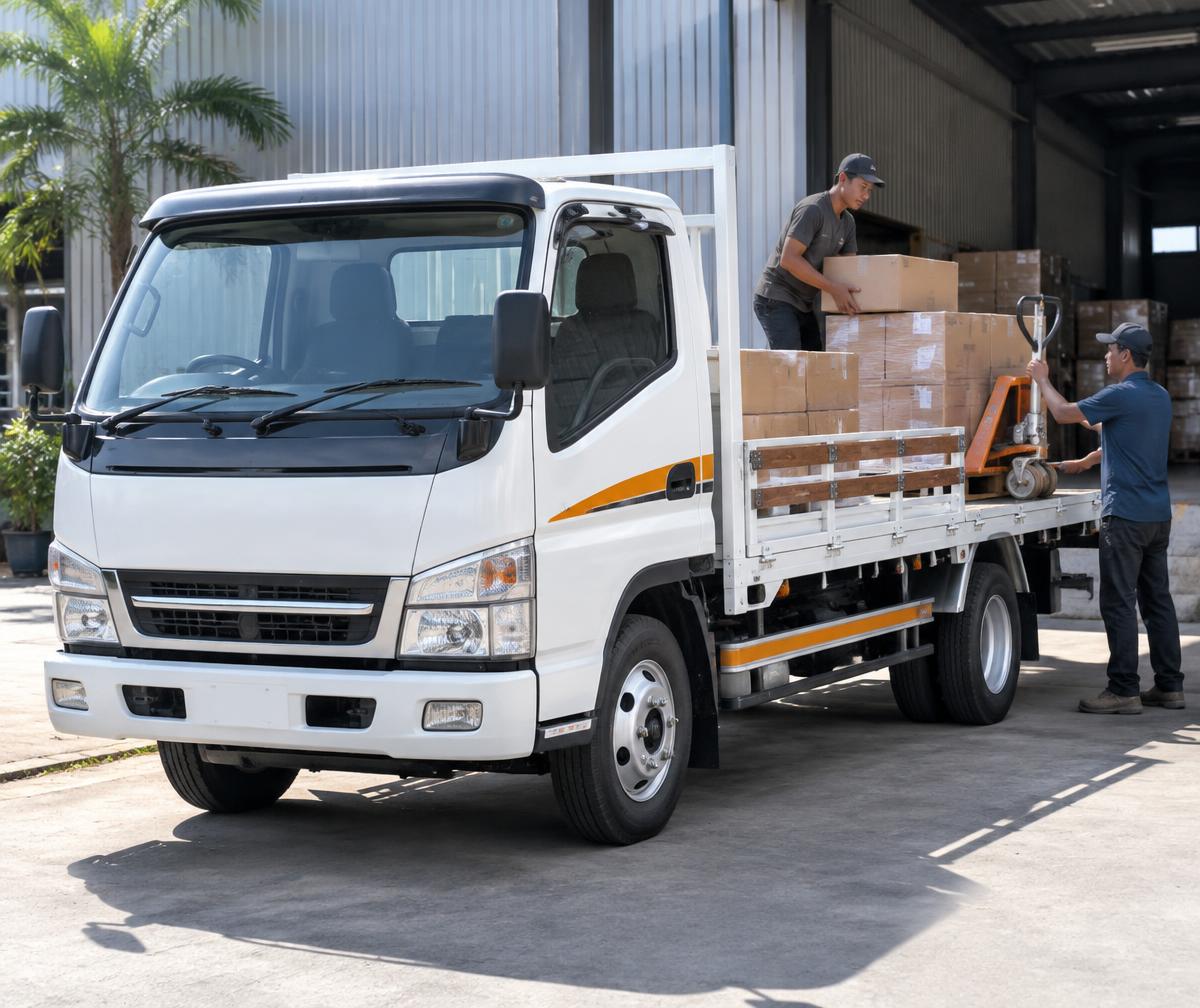 Truk bak terbuka Mitsubishi Fuso Colt Diesel putih beraksen oranye sedang dimuat kardus di gudang Sidoarjo
